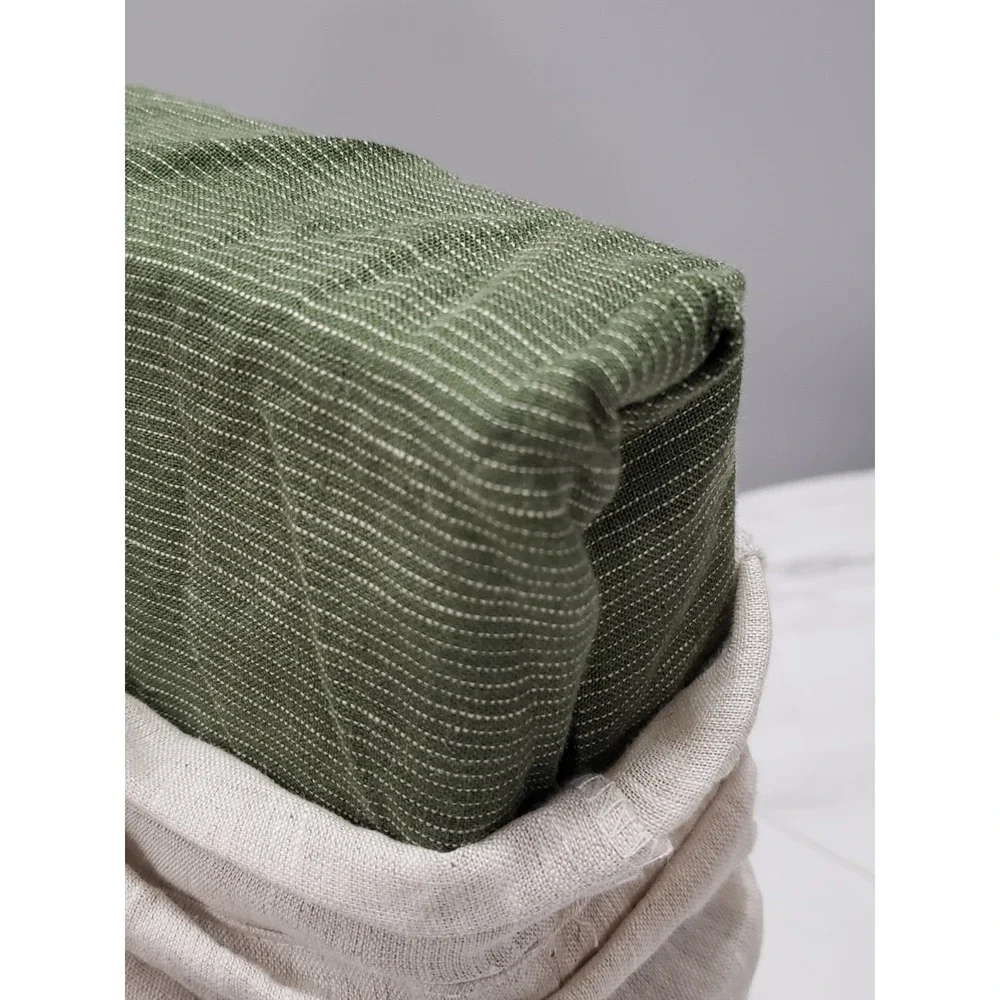 NEW FULL SIZE Bed Threads 100% French Flax Linen FITTED SHEET Olive Oat Stripe